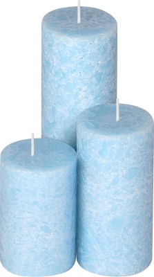 Parkash Candles Set of 3 Fragrance Pillar Candles Light Blue Marble Finish (Maldives Fragrance) Candle(Blue, Pack of 3)