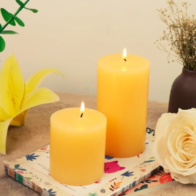 SAPI'S SapiS Yellow Pillar Candle Pack of 2 Pure Soy and paraffin wax Candle(Yellow, Pack of 2)