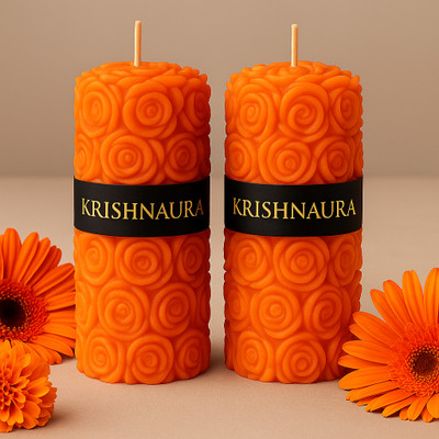 KRISHNAAURA orange Scented Soy Wax Pillar Candle LONG BURING Ideal for Home Deco Candle(Orange, Pack of 2)