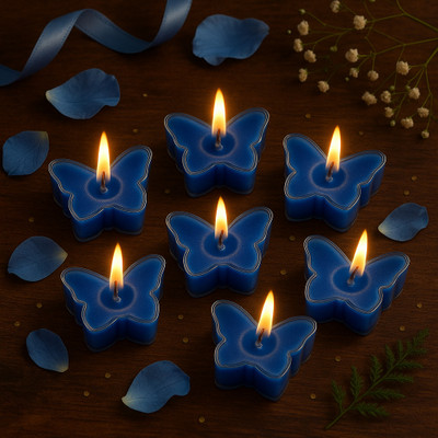 BEBOS WORLD PRIVATE LIMITED BW Wax & Wick Butterfly Shape Tealight Candles | Plastic Jar | Package of Candle Candle(Blue, Pack of 6)