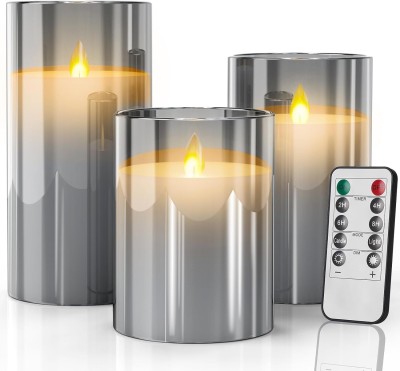 ZODZE Glass Flameless Led Candles Battery Operated with Remote Control, Set of 3 Candle(Grey, Pack of 3)