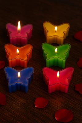 BEBOS WORLD PRIVATE LIMITED BW Wax & Wick Butterfly Shape Tealight Candles | Plastic Jar | Package of Candle(Multicolor, Pack of 6)