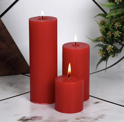 RAHI Soft Scented Pillar Candle Pack of 3 with 65 Hours Burn Time Candle Candle(Red, Pack of 3)