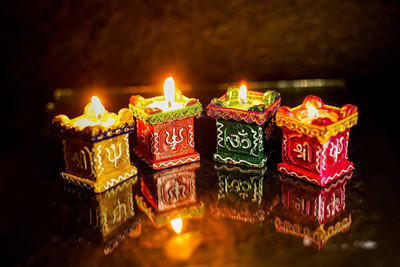 Fashion Bizz Tulsi Diya for Diwali Decoration Terracotta Diyas Tealight Candles Christmas Ceramic (Pack of 4) Table Diya Set(Height: 4 inch)