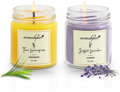 Aromahpure Round Jar 100ml Candle Lemongrass,Lavender Scented Candle|55 Hrs Burn Time Candle(Yellow, Purple, Pack of 2)