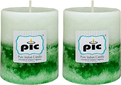 PIC Handpourd Citronella and Camphor Scented Two Tone Mottle Wax Pillar Candle(Green, Pack of 2)