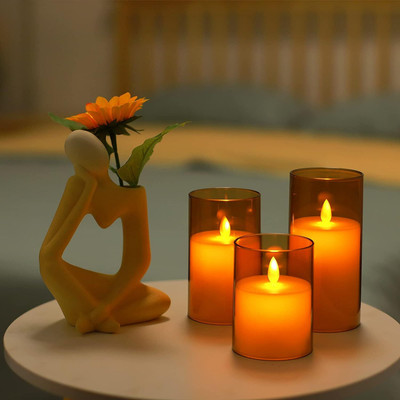 XERGY Acrylic Battery Operated Flameless Led Candles with 10-Key Remote and Timer Candle(Gold, Pack of 3)