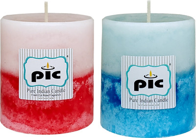 PIC Handpourd Scented Two Tone Mottle Wax Pillar Candle(Red, Blue, Pack of 2)
