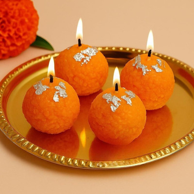 blingjewels Traditional Laddu Candles for Diwali Pooja & Home Decoration | Long Burning Candle(Orange, Pack of 4)