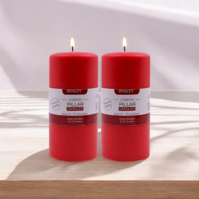 Hosley Apple Cinnamon Fragrance Soy & Paraffin Wax Candles|90 Hours Burn Time|6 Inch Candle(Red, Pack of 2)