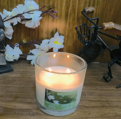 Hosley Sweet Pea Jasmine Fragrance Two Wick Jar for Home Decor|Burn Time 40 Hours Candle(White, Pack of 1)