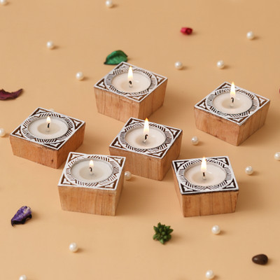 CW Dreamica Pack of 6 Wooden Tealight Holders With Tealight Candle(Yellow, Pack of 4)