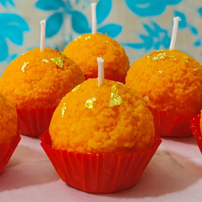 pleasing forest Motichoor Laddoo Candles Festive Laddu Candle Set Pack of 4 Candle(Orange, Pack of 4)