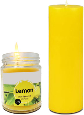 PEEPRESION Long Burning Candles for Home Scented,Glass Jar Candle With 1 Lemon piller Candle(Yellow, Pack of 2)