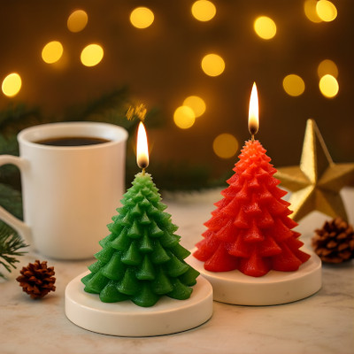 EBLOOMING Christmas Tree Candles | Perfect for Christmas Decoration, Gifting & Festivals Candle(Green, Red, Pack of 2)