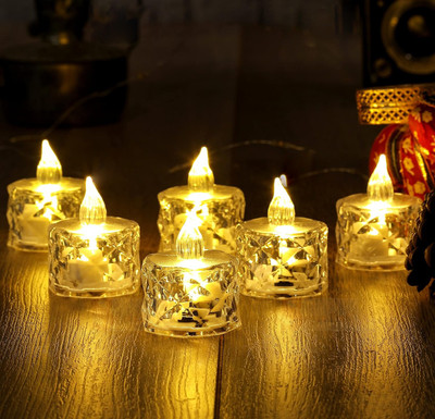 Refulgix Crystal LED Tea Lamp Light Flicking Candle 6 Pieces Decorative Candle(White, Pack of 6)