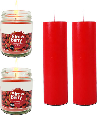 PEEPRESION Combo Premium Candles for Home Scented,Glass Jar Candle With 2 Strawberry piller Candle(Red, Pack of 4)