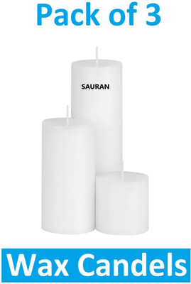 Sauran Pack of 3 Unscented Pillar Candles 5W x 15H Centimeters WC29.1 Candle(White, Pack of 3)