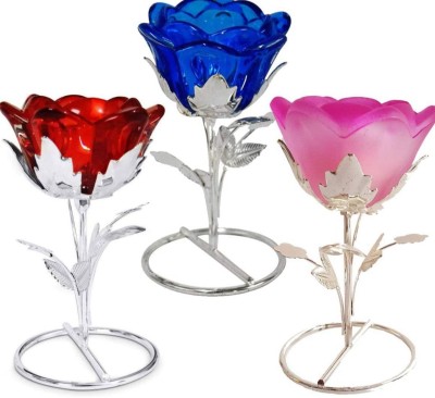 Arihant Hub Rose Candle Stand (8cm×13cm) with Candle for showpiece/Tealight Holder Set of 3 Candle(Pink, Red, Blue, Pack of 3)