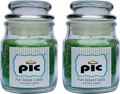 PIC Handpourd Lemongrass Scented Jar Wax Candle(Green, Pack of 2)