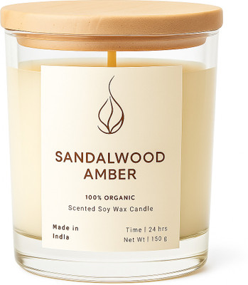 LUXARBAY Pure Soy Wax Candle SANDALWOOD fragrance in Glass jar (with Wooden Lid) Candle(White, Pack of 1)