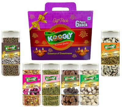 Koogly Diwali Gift Hamper Item Mouth Freshener Combo Box Hing Peda, Khatta Mitha Chuawara, Rasbhari Sauf, Gulab Mix, Khatti Jeera G, Masala Candy Mouth Freshener(6 x 223.33 g)
