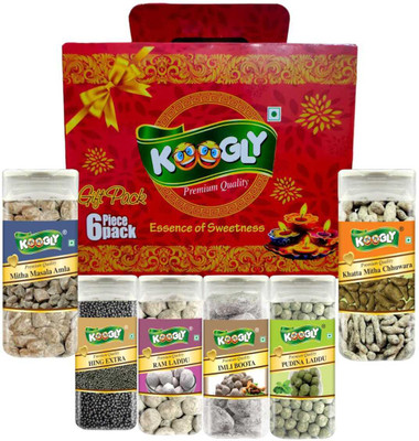 Koogly Diwali Gift Hamper Item Mouth Freshener Combo Box Mitha Masala Amla, Hing extra, Ram Laddu, Imli Boota, Pudina Laddu, Khatta Mitha Chuwara Mouth Freshener(6 x 230 g)