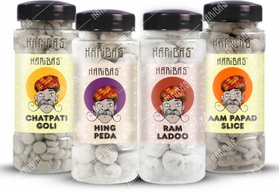 HARIBAS Pack of 4 Ram Ladoo 200G, Mango Slice200G, Chatpati Goli 240G and Hing Peda 200G Tasty Ayurvedic Digestive Healthy Goli, Pachak Churan Goli Family Pack in Pantry, Pachak Goli for Gas Acidity Digestion & Flatulence Mouth Freshener After Meal Mukhwas CHATPATA Powder Candy(4 x 210 g)