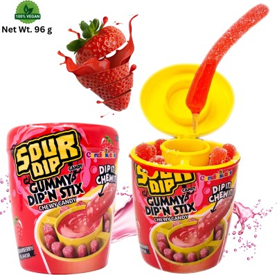 CANDIEXOTICS Sour Juicy Dip'N Stix – Sweet & Sour Chewy Candy for Kids Strawberry Candy Sticks(96 g)