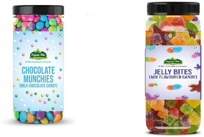Organic Bites Combo of Colourful Jelly Bites and Chocolate Buttons 200 gm each ( Jar Pack) Chocolate Munchies, Jelly Candy(2 x 200 g)
