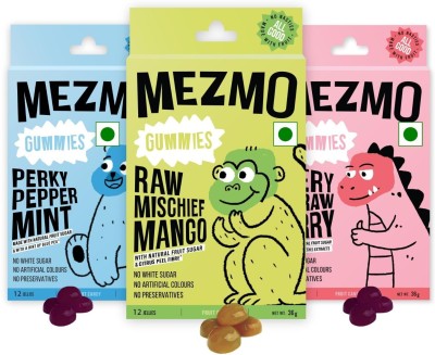 Mezmo Soft jelly healthy candy with natural fruit sugar 108gms 36 jellies (Pack of 3) Very Strawberry, Raw Mango, Perky Peppermint Jelly Candy(108 g)