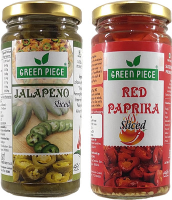 GREEN PIECE Jalapeno Sliced (230gm) and Red Paprika Sliced (230gm) (Pack of 2) Jalapenos(460 g, Pack of 2)