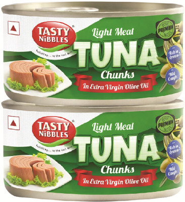 Tasty Nibbles LIGHT MEAT TUNA CHUNKS IN EXTRA VIRGIN OLIVE OIL 185 G X 2 Sea Foods(370 g, Pack of 2)
