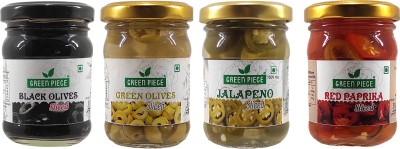 GREEN PIECE Black and Green Olives, Jalapeno Sliced, Red Paprika Slice(120gm x4)(Pack of 4) Olives(480 g, Pack of 4)