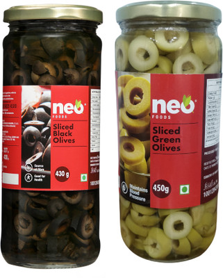 neo Sliced Black & Sliced Green Olives I Ready-to-Eat I Source of Fibre Olives(900 g, Pack of 2)