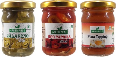 GREEN PIECE Pizza Topping (100gm)and Jalapeno (120gm),Red Paprika Sliced (120gm) Olives(340 g, Pack of 3)