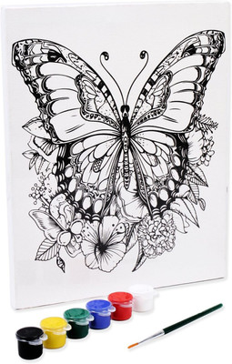 LITTLE BIRDIE Pre -Printed Canvas with Colours Butterfly Beauty Painting Kit L10 X W8 inch Cotton Acid Free Board Canvas (Set of 1)(White)