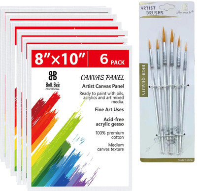 BOLT BEE ARTIST KIT 8X10 Cotton Acid Free Acrylic Primed Board (Set of 6)(white with painting brush)
