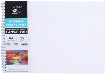 LITTLE BIRDIE Paintable Canvas Pad Plain Wiro Bound Landscape A4 230gsm 15 Sheets Cotton Acid Free Acrylic Primed Board (Set of 1)(White)