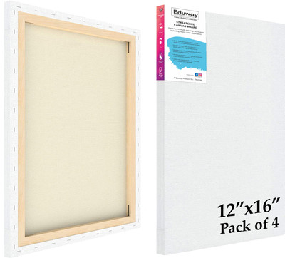 Eduway 12x16 In 10Oz. Primed Cotton Pre Stretched Canvas with Wooden Frame for Painting Cotton Medium Grain Stretched Canvas Board (Set of 4)(White)