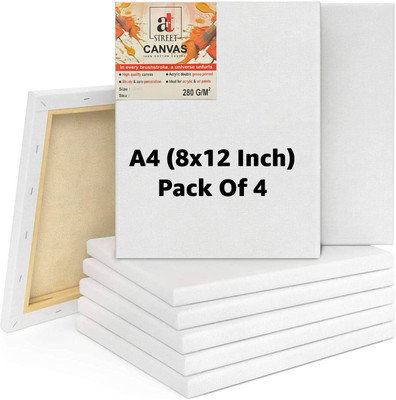 Art Street Primed 8x12 Inch Canvas with Wooden Frame for Acrylic and Oil Color Painting Cotton Medium Grain Pre Stretched Canvas (Set of 4)(White)