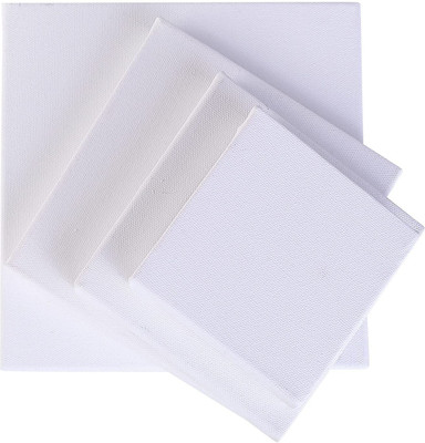 FRKB 4pc Primed Pre Stretched Canvas with Wooden Frame of 4x4, 5x5 , 6x6 and 8x8 Inch Cotton Medium Grain Pre Stretched Canvas (Set of 4)(White)