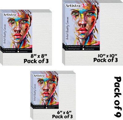 Artixtra 10X10(3) 8X8(3) 6X6(3) CANVAS BOARD Cotton Medium Grain Board Canvas (Set of 9)(PURE WHITE)
