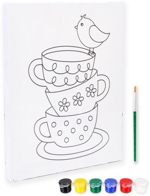 LITTLE BIRDIE Pre -Printed Canvas with Colours Tea Cups Painting Kit L10 X W8 inch Cotton Acid Free Board Canvas (Set of 1)(White)