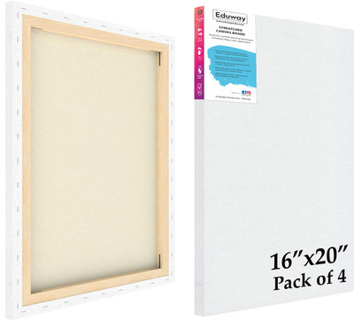Eduway 16x20 In 10Oz. Primed Cotton Pre Stretched Canvas with Wooden Frame for Painting Cotton Medium Grain Stretched Canvas Board (Set of 4)(White)
