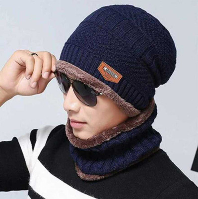 Niavaa Woven, Solid, Self Design Beanie Cap(Pack of 2)