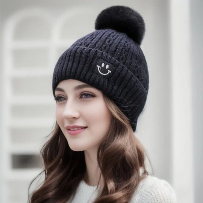 Winity Cute woolen warm ( soft warm fur inside pom-pom on top ) winter caps for women Woven Beanie Cap