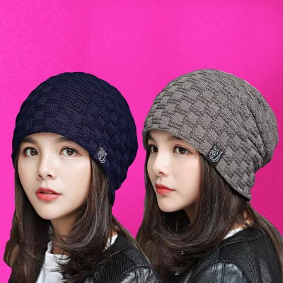 Evanden Self Design, Solid, Woven Beanie Cap(Pack of 2)