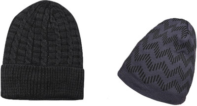 LOOM LEGACY Self Design, Printed Beanie Cap(Pack of 2)