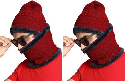 EMPOISON Solid, Woven, Self Design Beanie Cap(Pack of 2)